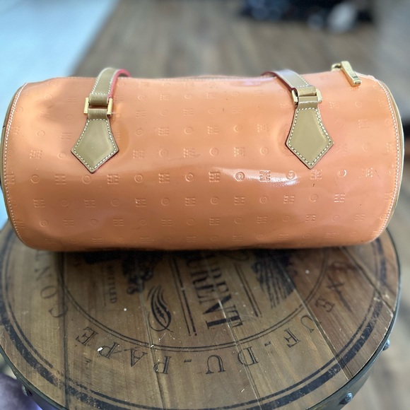 Arcadia Handbags - Arcadia Orange (more peach) Embossed Patent Leather Tube Barrel Satchel Bag